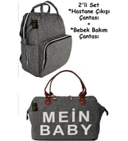 Anne Bebek Bakım Sırt Çantası + Hastane Çıkış Çantası 2 li SET (Gri)