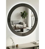 Led'li Işıklı Safir Ahşap Dekoratif Ayna Yuvarlak Ayna Işlemeli Duvar Aynası Tekli - 43 Cm (Siyah)