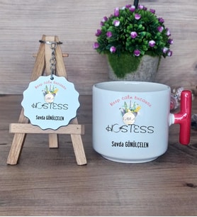 Hostes Hediye Seti Kupa Bardak T Kulplu ve Anahtarlık Hostese Hediye (Model 1)