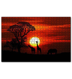 Cakapuzzle Günbatımı Zürafalar ve Gergedan Silüetleri  Puzzle Yapboz MDF (Ahşap) (500 Parça)