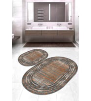 Dijital Baskılı Kaymaz Taban Yıkanabilir Oval 2'li Klozet Takımı Banyo Paspası NOKZ-HY-1266 (Kahverengi)
