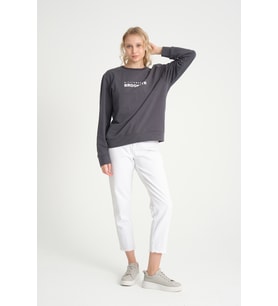 Kadın Bisiklet Yaka Oversize Fit Brooklyn Baskılı İnce Sweatshirt SPR23SWK330 (Füme)