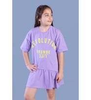 Toontoy Kız Çocuk Baskılı Eteği Büzgülü Düşük Kol Elbise (Lila)