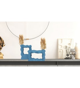 Livava Çerçeve Seramik Vazo İkili Set, Ekru, 21X15 (Mavi)