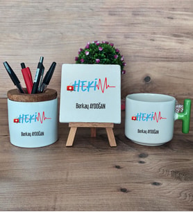 Hekim Hediye Sepeti Kupa Bardak T Kulplu, Kalemlik ve Dekoratif Taş Doktora Tıp Bayramı Hediyesi (Model 8)
