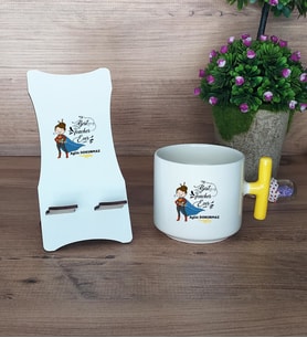 Kadın İngilizce Öğretmeni Hediye Sepeti Kupa Bardak T Kulplu ve Ahşap Telefon Standı Öğretmenler Günü Hediyesi (Model 5)