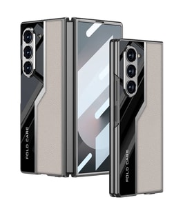 Galaxy Z Fold 6 Kılıf Ultra İnce Kamera Korumalı PC + Deri Arka Yüzey Kıpta Poligan Kılıf (Gri)