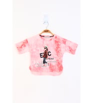 Toontoy Kız Çocuk Batik Desenli Düşük Kol Baskılı Tişört (Somon)