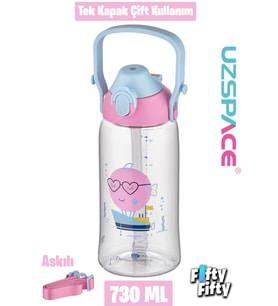 Uzspace 730ml Tritan Tek Kapak Çift Kullanım Pipetli/Pipetsiz Askı Aparatlı Tritan Çocuk Su Matarası