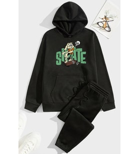 Unisex All Day Rabbit Baskılı Eşofman Takımı (Siyah)
