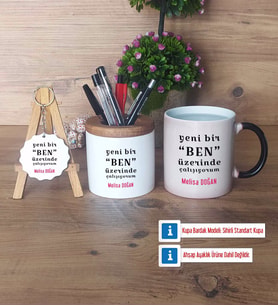 Motto Yeni Bir Ben Hediye Sepeti Kalemlik, Kupa Bardak Sihirli, Ahşap Anahtarlık Hediye (Model 1)