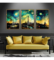 3'lü Metal Çerçeveli Cam Tablo Seti Van Gogh Yıldızlı Gece (Gold)