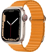Uyumlu Model Apple Watch 7 8 41mm Kordon Mıknatıslı Magnetik Deri Kordon (Turuncu)