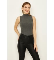 Kadın Dik Yaka Kolsuz Alttan Çıtçıtlı Body (Antrasit)