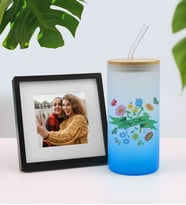 Kişiye Özel Pipetli Buzlu Cam Bardak & Siyah Paspartulu Çerçeve Hediye Seti (Mavi)