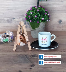 Edebiyat Öğretmeni Türk Kahvesi Fincanı Ahşap Altlıklı ve Fotoğraflı Ahşap Anahtarlık Hediye (Model 7)