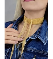 15 Sıralı Zincir V Model Dokuma Sallantılı Vücut Tasma Choker El Yapımı Gümüş Ve Gold Renk Kolye (Gold)