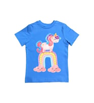 Unicorn baskılı pamuklu penye kumaş yazlık çocuk tişört (Mavi)