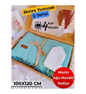 4 Kat Müslin Mint Yeşil Saçaklı Bebek Battaniyesi 100x120 Cm- %100 Pamuklu & Çok Amaçlı Battaniye (Mint)