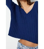 Stil Modern Kadın Crop Standart Kol V Yaka Yünlü Geniş Kalıp Basic Triko Kazak (Saks)