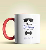 Kişiye Özel Benim Babam Kahramanım Tasarımlı Siyah Kupa Bardak (Kırmızı)