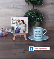Anneye Hediye Fotoğraflı Dekoratif Taş, Ahşap Altlıklı Türk Kahvesi Fincanı Hediye (Model 2)