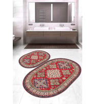 Dijital Baskılı Kaymaz Taban Yıkanabilir Oval 2'li Klozet Takımı Banyo Paspası NOKZ-HY-1383 (Kırmızı)