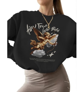 bisiklet yaka unisex kalın Doğruyu hedefle, cesurca sev Baskılı Sweatshirt kadın Bej 3 iplik (Siyah)