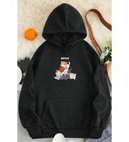 Meow Tatlı Kediler Baskılı Oversize Sweatshirt (Siyah)