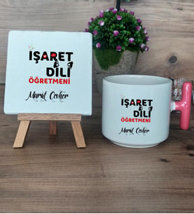 İşaret Dili Öğretmeni Hediye Seti Kupa Bardak T Kulplu ve Dekoratif Taş Öğretmenler Günü Hediyesi (Model 4)