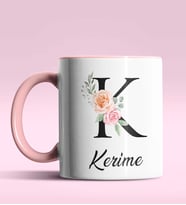 Kişiye Özel K Harfi Temalı Gül Tasarım Siyah Renk Kupa (Pembe)
