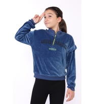 Toontoy Kız Çocuk Fermuar Detaylı Nakışlı Kadife Sweatshirt (Lacivert)
