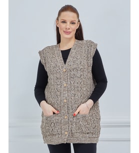 Kadın Kırçıllı Kazayağı Model Kalın Kışlık Örgü Cepli Triko Anne Yelek (Vizon)