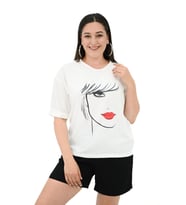 Kadın Büyük Beden Yüz Baskılı T-shirt 1788-25 (Beyaz)