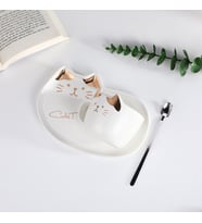 Sunum Tabaklı Kedi Tasarım Kupa Bardak (Beyaz)