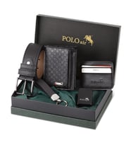 Polo Air Dama Desen Cüzdan Kendinden Kartlık Kemer Anahtarlık ve Çakmak Kombin CHM-13 (Siyah)
