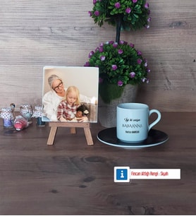 Babaanneye Hediye Fotoğraflı Dekoratif Taş, Ahşap Altlıklı Türk Kahvesi Fincanı Hediye (Model 7)