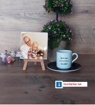 Babaanneye Hediye Fotoğraflı Dekoratif Taş, Ahşap Altlıklı Türk Kahvesi Fincanı Hediye (Model 7)