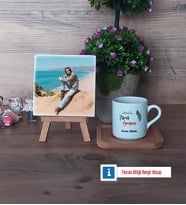 Tarih Öğretmeni Fotoğraflı Dekoratif Taş, Ahşap Altlıklı Türk Kahvesi Fincanı Hediye (Model 1)