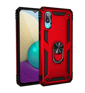 Samsung Galaxy A02 Uyumlu Kılıf Standlı Manyetik Yüzüklü Military Magnetic Ring Polycarbonate and TPU Case (Kırmızı)
