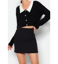 Kadın Modern Tarz Regular Bebe Yaka Crop Triko Hırka (Siyah)