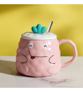 400ml Sevimli Karikatür Seramik Kapaklı Kaşıklı Isıya Dayanıklı Kupa Bardak (Pembe)