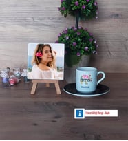 Fizik Öğretmeni Fotoğraflı Dekoratif Taş, Ahşap Altlıklı Türk Kahvesi Fincanı Hediye (Model 7)