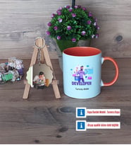 Developer Kupa Bardak Beyaz ve Fotoğraflı Ahşap Anahtarlık Hediye (Model 13)