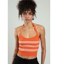 Sifu Tekstil Kadın Spor Kendinden Askılı Çizgili Fitil Örgülü Triko Badi Büstiyer Crop Top SFYZ1015 (Beyaz-Turuncu)