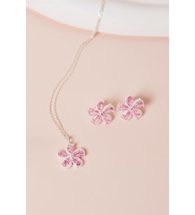 Elika Silver 925 Ayar Gümüş Kamelya Çiçeği Model Kolye ve Küpe Takım (Pembe)