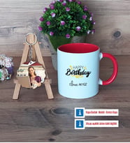 Happy Birthday Kupa Bardak Beyaz ve Fotoğraflı Ahşap Anahtarlık Hediye (Model 2)