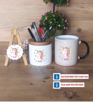 Unicorn Hediye Sepeti Kalemlik, Kupa Bardak Sihirli, Ahşap Anahtarlık Hediye (Model 1)
