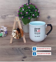 Teyzeye Hediye Kupa Bardak Beyaz ve Fotoğraflı Ahşap Anahtarlık Hediye (Model 10)