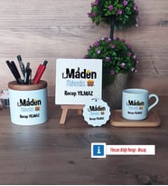 Maden Mühendisi Hediye Seti Dekoratif Taş, Kalemlik, Ahşap Altlıklı Türk Kahvesi Fincanı, Ahşap Anahtarlık Hediye (Model 1)